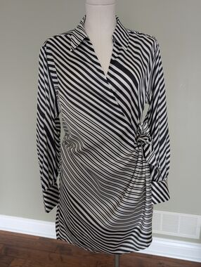 MNG Mango Women’s Wrap Dress Black White Striped Tie Waist Collared Size 8 NWT
